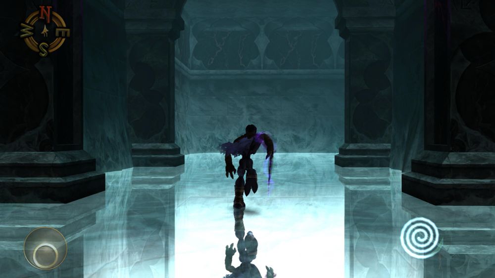 running across an icy floor, the character’s reflection shown on the ground, surrounded by marble walls and pillars