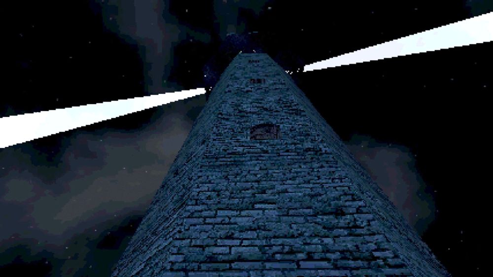 a scene looking up at a lighthouse at night, which is broadcasting two beams of light 