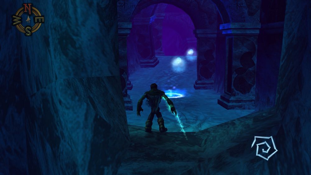 screenshot from soul reaver 2 remastered. the character is standing in a warped hallway lighted blue and purple with blue souls floating around.