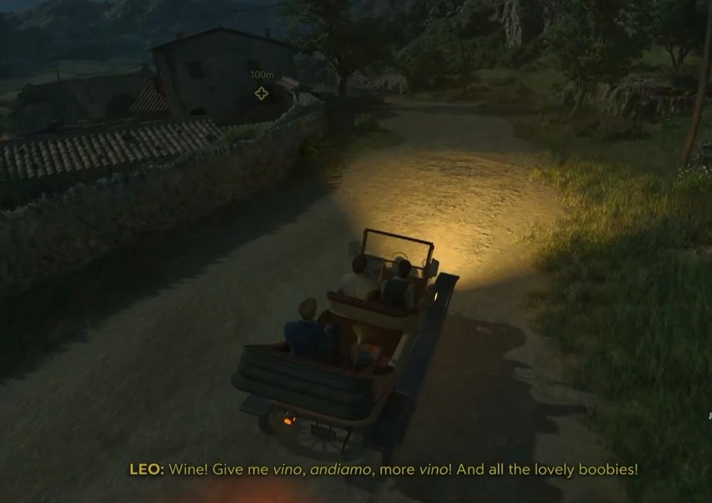 three men in a car at night on a dirt road, the subtitle says “LEO: Wine! Give me vino, andiamo, more vino! And all the lovely boobies!”