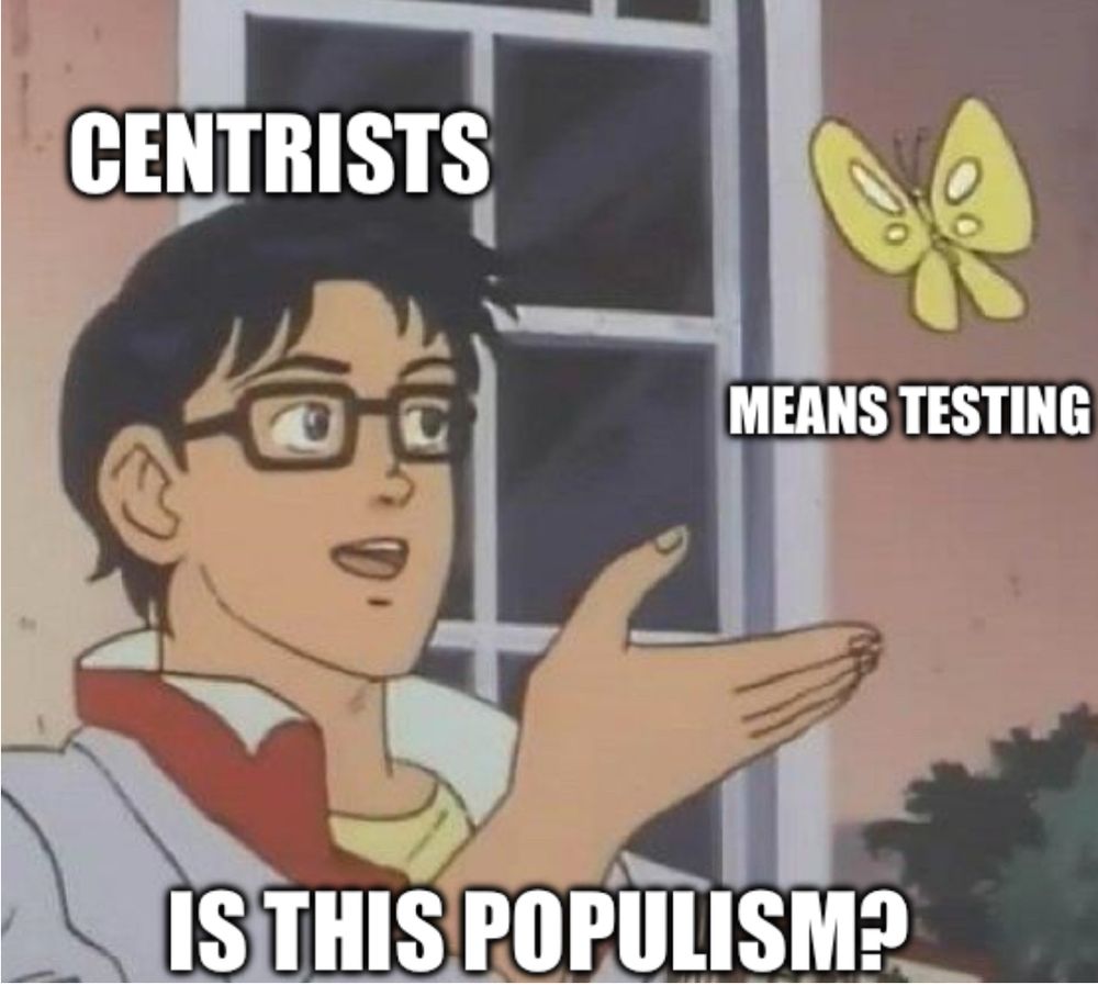 the meme where the man holds out his hand to a butterfly. the man is labeled “centrists”, the butterfly is labeled “means testing”, and the man is saying “is this populism?”