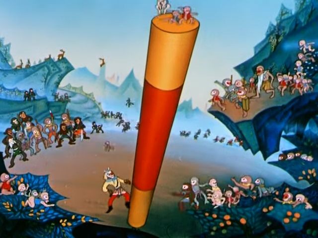 孫悟空 [Sun Wukong] & Monkey Children in 花果山 [Huaguo Shan - lit. "Flower-Fruit Mountain"] playing around with 如意金箍棒 [Ruyi Jingu Bang - lit. "Comply Gold-Hoop Rod"] 

From: Shanghai Animation Film Studio's 大鬧天宮
Pinyin: Da Nao Tian Gong (1961/1964)
[lit. "Great Uproar, Heaven Palace"]