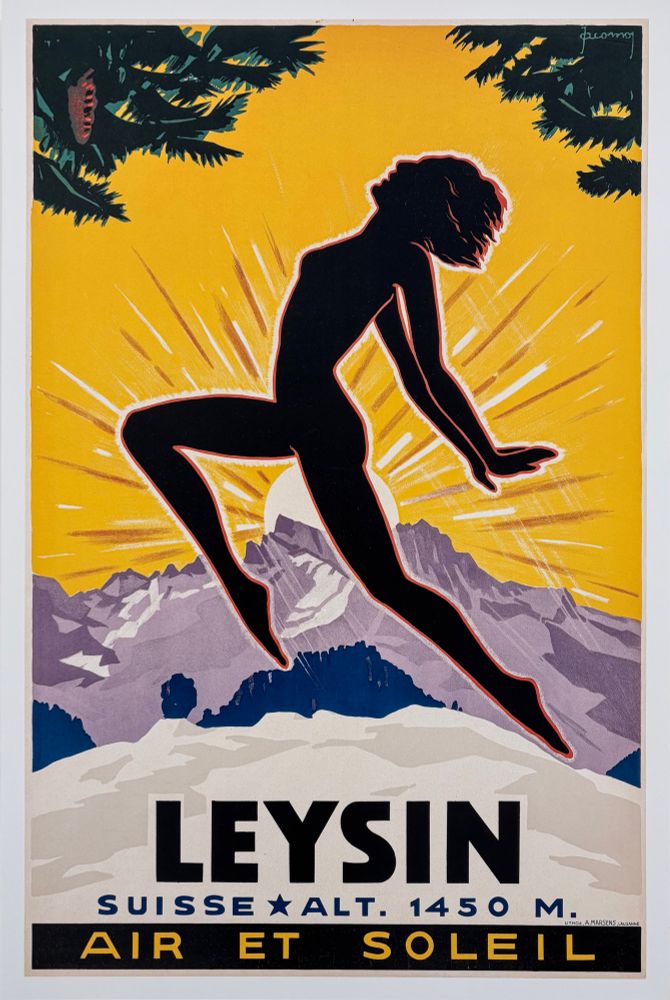 Advertisement poster for a Swiss alpine village, Leysin, highlighting the sun and air quality.