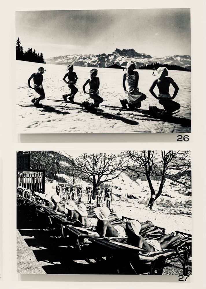 Black and white photographies of sanatorium curistes exposing themselves to the sun.