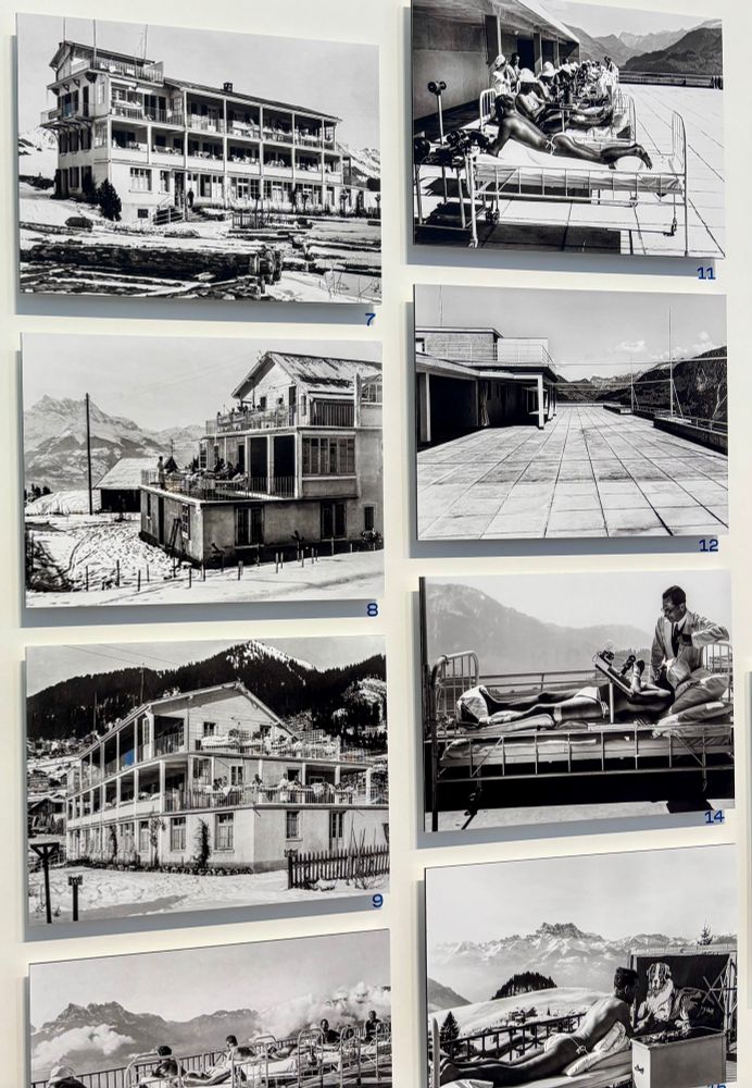 Black and white photographies of sanatorium curistes exposing themselves to the sun.