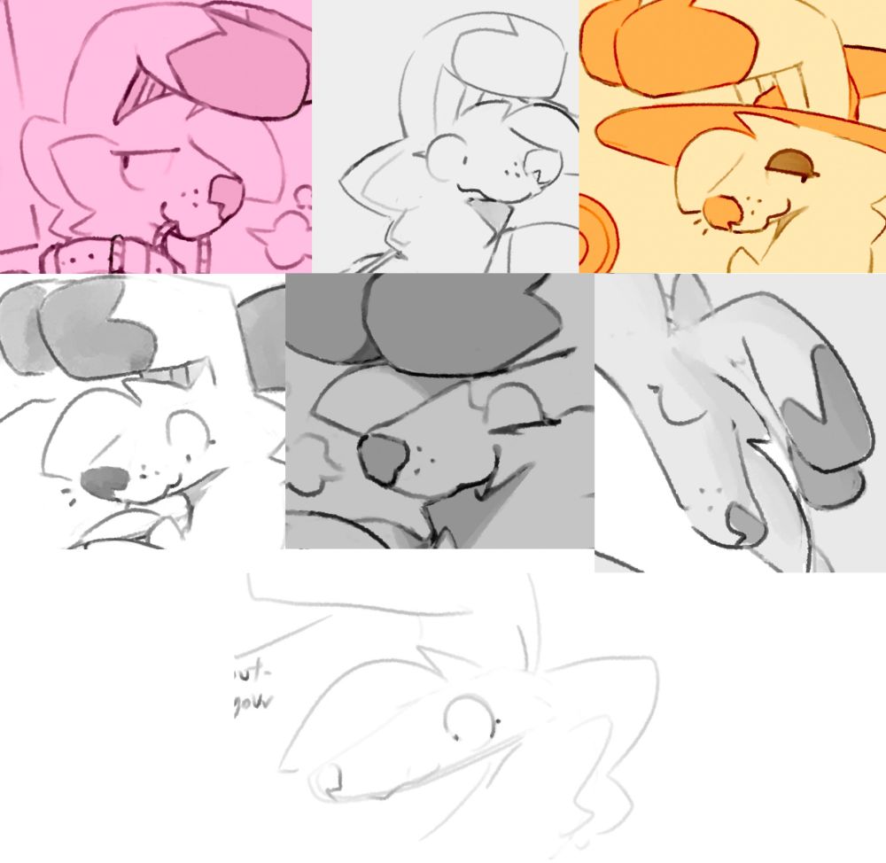 various cropped drawings of Liliko, focusing on aer head and showing the progressively longer snouts drawn on aer through the month of october.
