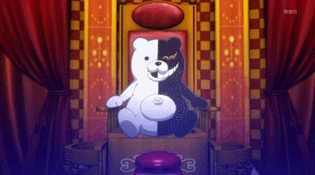 a black and white teddy bear sits on a throne with the letters tbs on the bottom