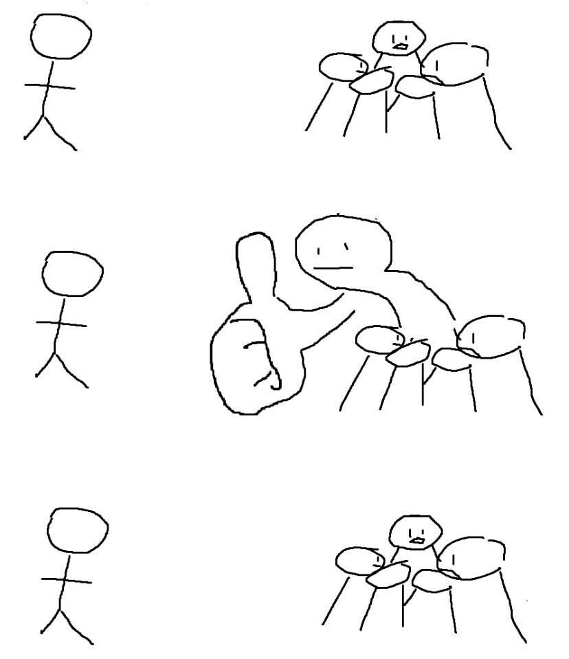 A classic meme image of a group of stick figures talking and a lone stick figure to their left. Someone in the group gives the lone person a big thumbs up, and they go back to talking in a group without the other person.