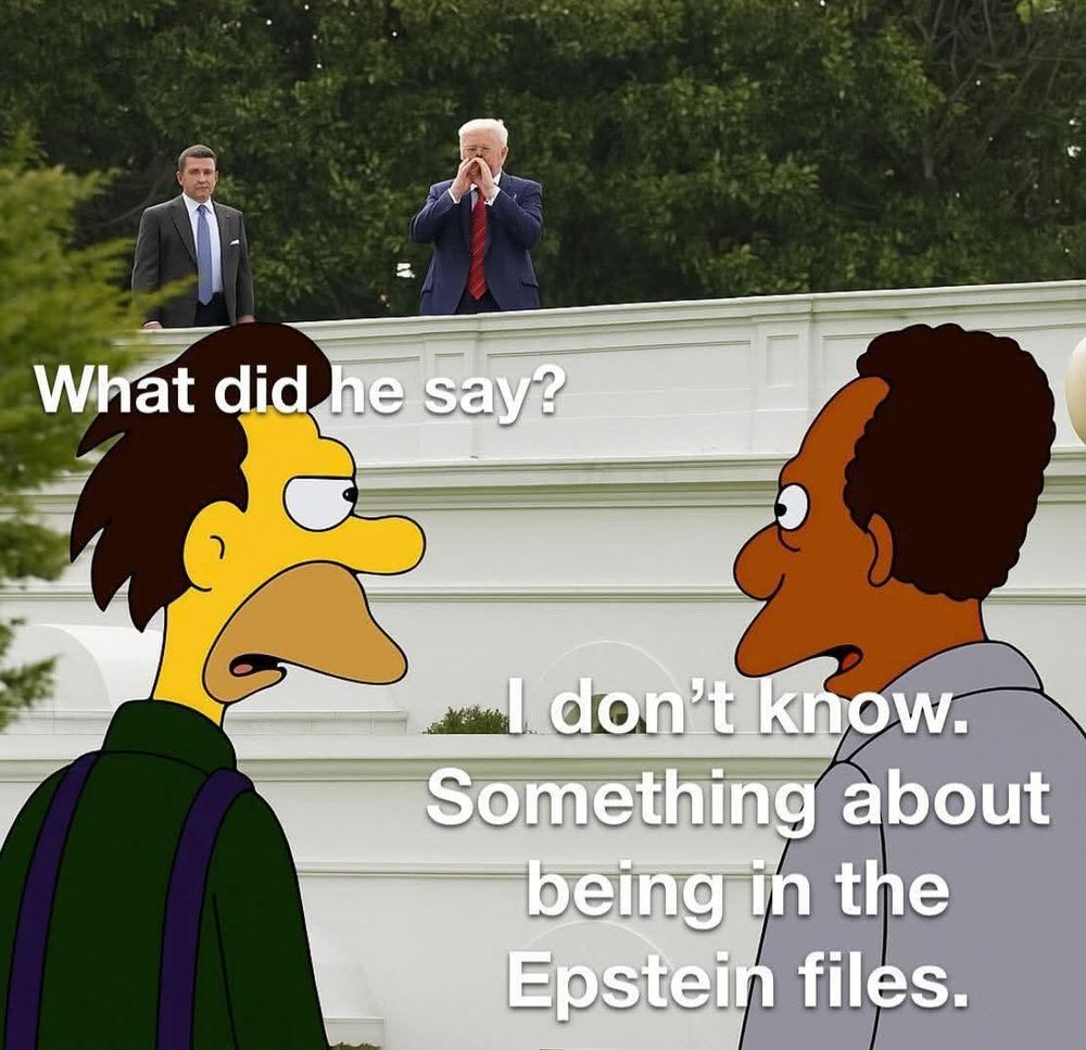 Background 
donald trump, an epstein client and potus, yells from the roof of the white house.  
Foreground 
Lenny Leonard turned to Carl Carlson, asking, "What did he say?"
Carl responds with, "I dont know. Something about being in the Epstein files."