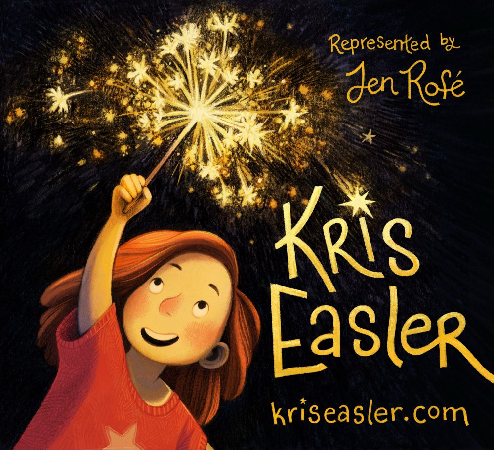 A color children's book style
illustration of a girl with red hair and a red shirt holding a sparkler wonderingly against a black background, with hand lettered text saying “Represented by Jen Rofé, Kris Easler, kriseasler.com”