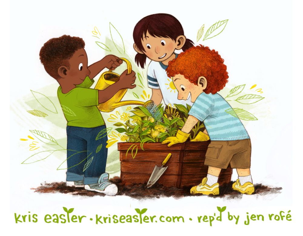 A color children’s book style illustration of three kids gathered around a raised bed garden. One kid is watering the garden with a yellow watering can while the other two look on excitedly.