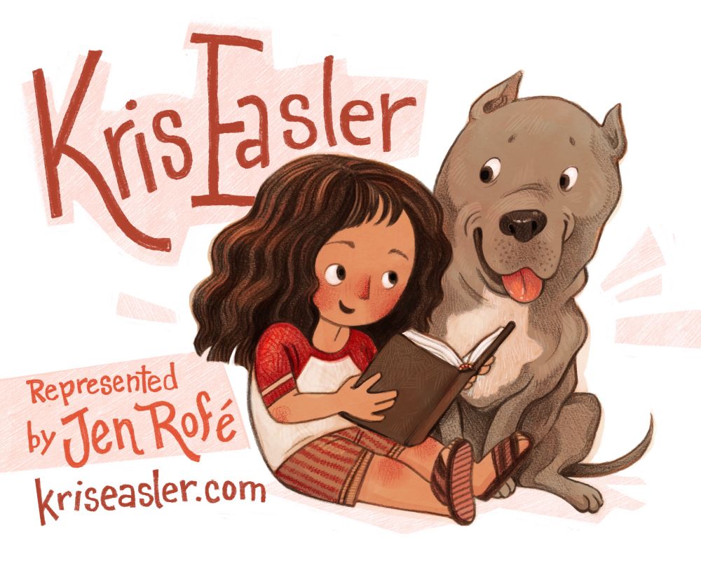 A color illustration for Kid Lit Art Postcard Day. A young girl with wavy brown hair sits on the floor, book in hand, reading to a large grey dog sitting politely and attentively beside her.