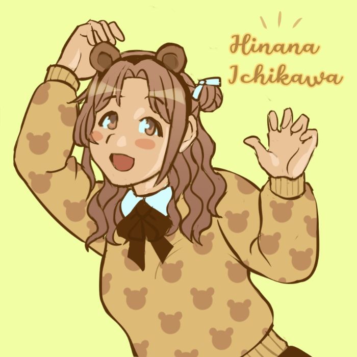 Drawing of Hinana from Idolmaster Shiny Colors. She is wearing an oversized sweater with a bear print, as well as a headband with bear ears.