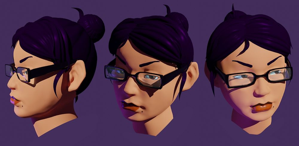 3d renders of a sculpted bust shown from 3 different angles.