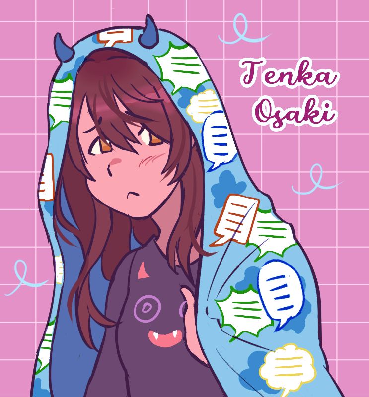 Drawing of Tenka from Idolmaster Shiny Colors. She has a worried expression on her face. She is wearing a blue blanket with little blue horns and a speech bubble pattern.
