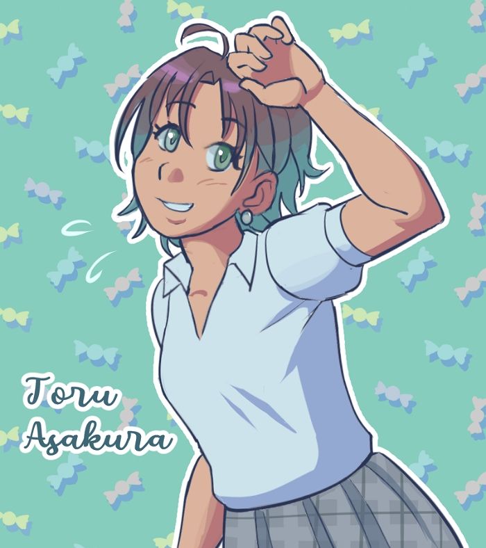 Drawing of Toru from Idolmaster Shiny Colors. She is smiling in a tired sorta way, her left arm is raised to her forehead.