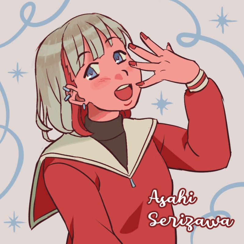 Drawing of Asahi from Idolmaster Shiny Colors. She is wearing a black turtleneck under a red shirt with white sailor collar. She has her hand open next to her face.