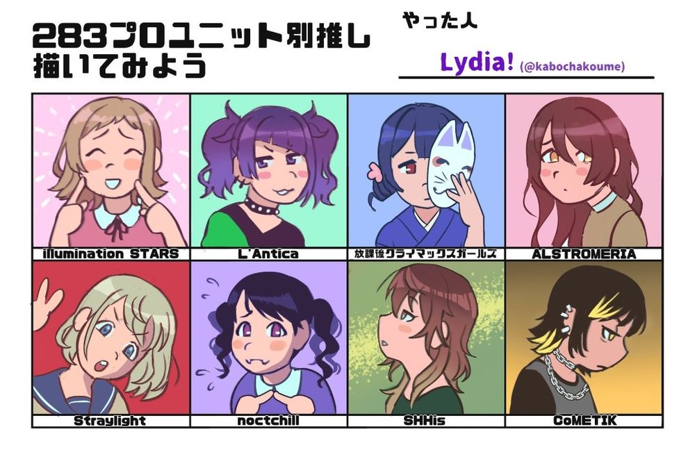 Drawing of various girls from Idolmaster Shiny Colors in a chibi style. It is drawn over a template where you pick one unit member for each of the 8 units.