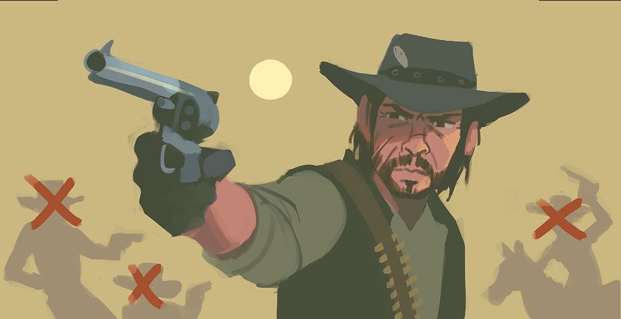 John Marston aiming his gun. There are silhouettes of other cowboys in the background, with big red "X" marks over their heads.