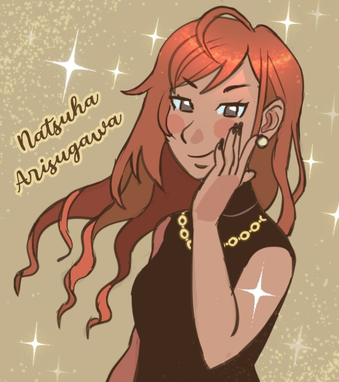 Drawing of Natsuha from Idolmaster Shiny Colors. She is wearing a black turtleneck with a gold chain. She is holding her hand is against her cheek.