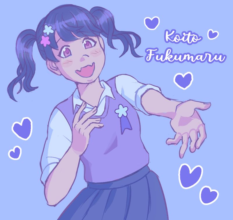 Drawing of Koito from Idolmaster Shiny Colors. Her left hand is outstretched to the viewer. There are hearts all around her. She is wearing a lavender vest over a white blouse and a blue skirt.