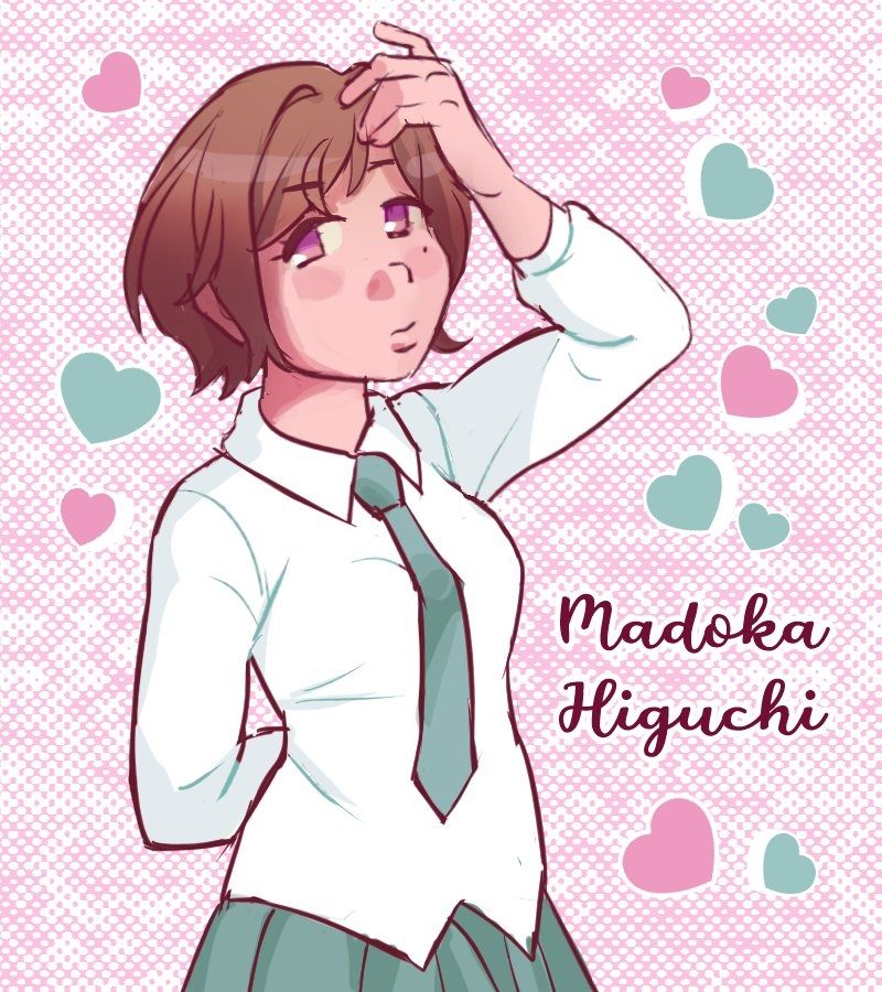 Drawing of Madoka from Idolmaster Shiny Colors. She has her hand raised to her forehead, and the other behind her back. Her expression is neutral.