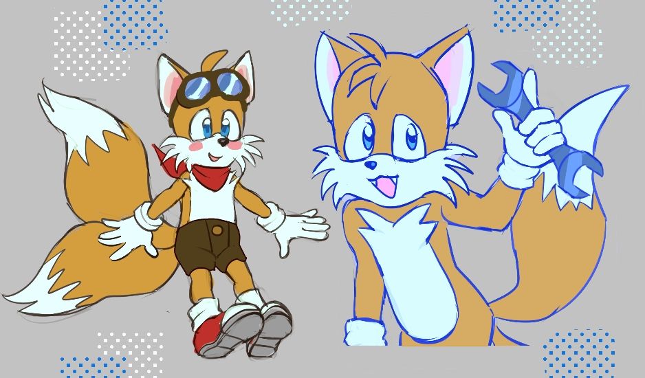 Two drawings of Tails from Sonic. On the left is a full body drawing of him wearing brown shorts with a red bandana around his neck and goggles. On the right is a half body drawing of him holding a wrench.