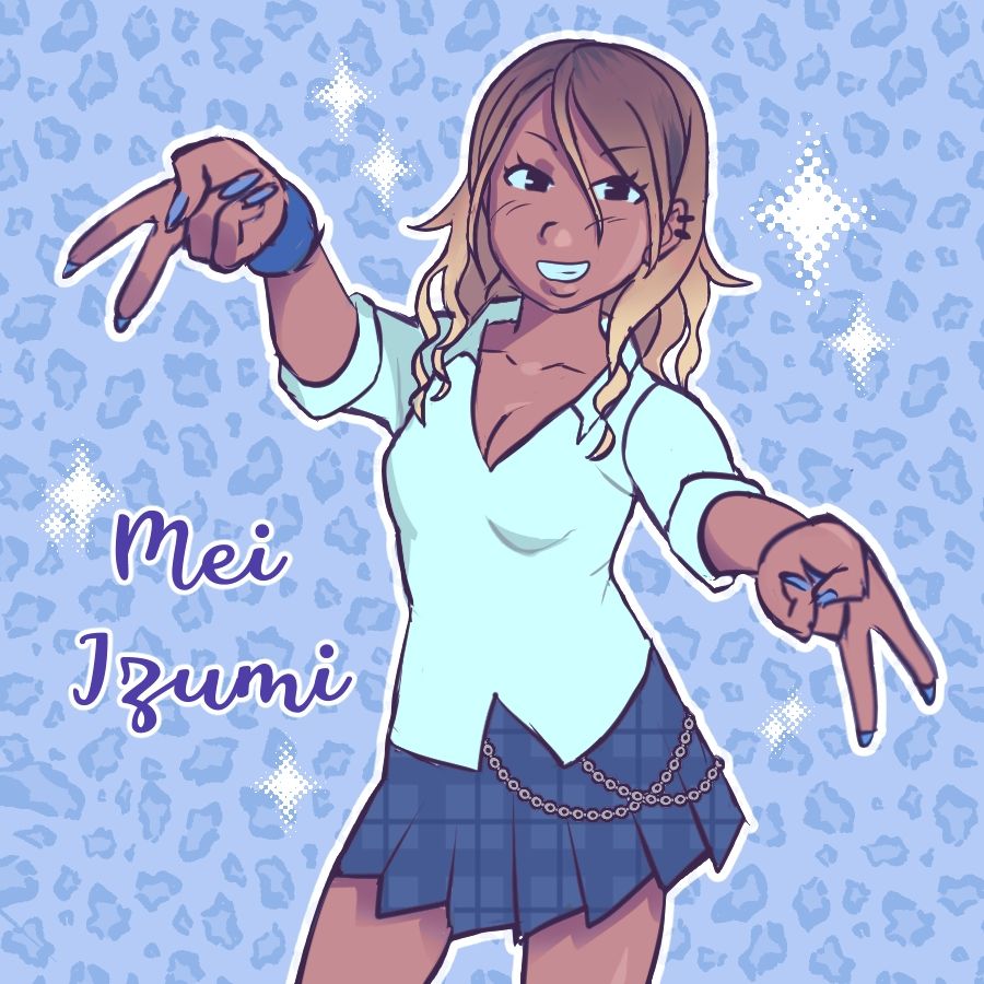 Drawing of Mei from Idolmaster Shiny Colors. She is doing a double gyaru peace sign and smiling.