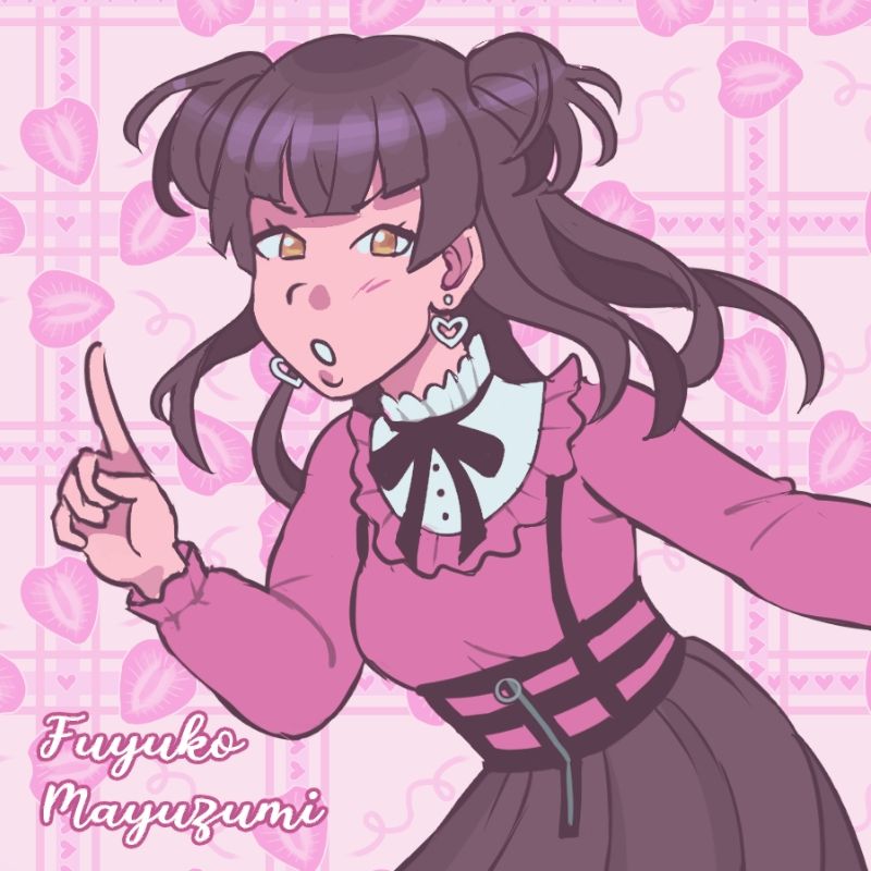 Drawing of Fuyuko from Idolmaster Shiny Colors. She is wearing a pink lacey blouse with a white collar and a black ribbon, as well as a black harness with a black skirt. She also has silver heart earrings. She looks like she's scolding someone.
