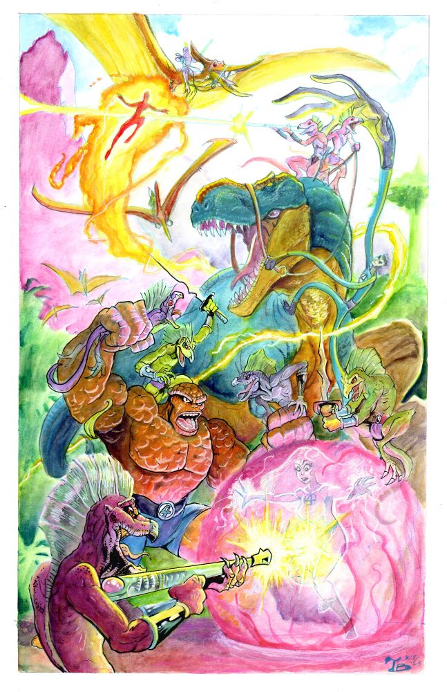 Watercolor and ink drawing depicting The Fantastic Four doing battle with reptilian humanoids and dinosaurs
