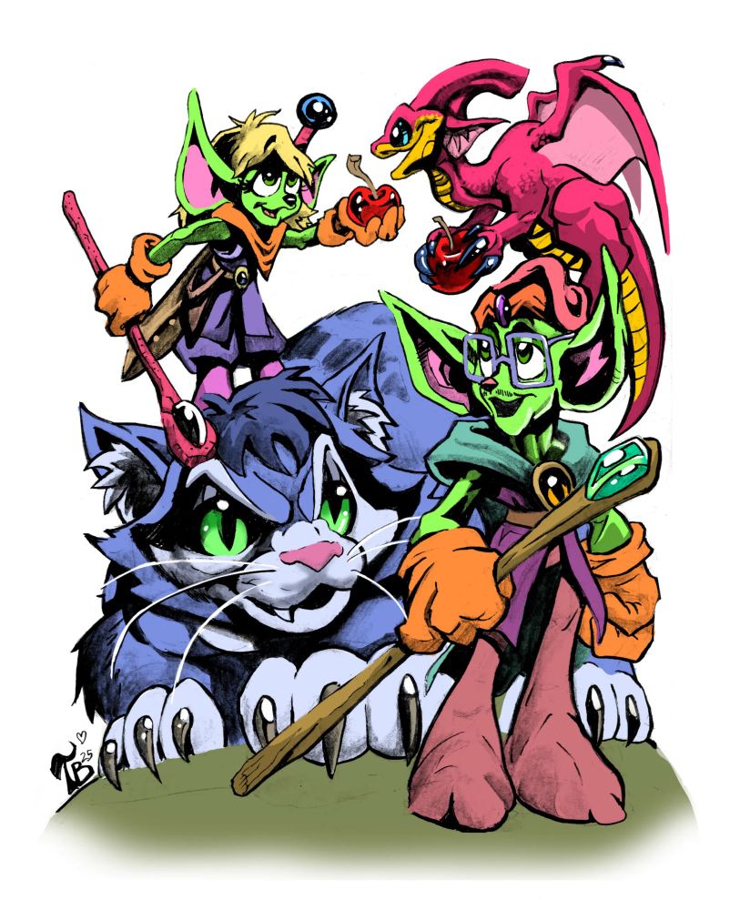 A goblin parent and their child. The child stands on the back an enormous blue cat, and offers a large cherry to a dragon 