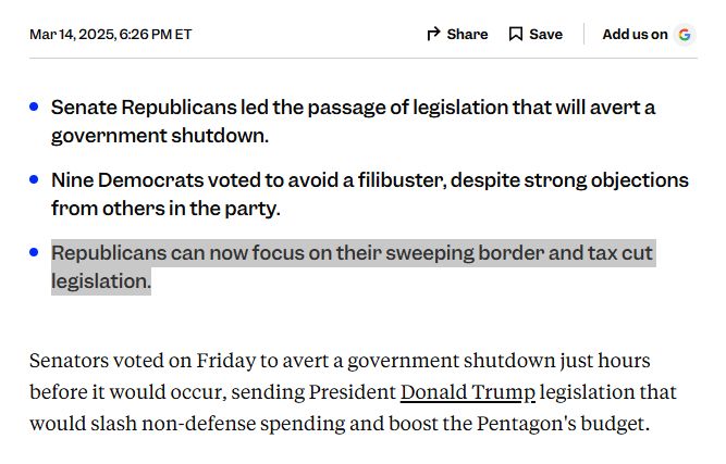 Business Insider article from March 14, 2025 reads:

Senate Republicans led the passage of legislation that will avert a government shutdown.
Nine Democrats voted to avoid a filibuster, despite strong objections from others in the party.
Republicans can now focus on their sweeping border and tax cut legislation.