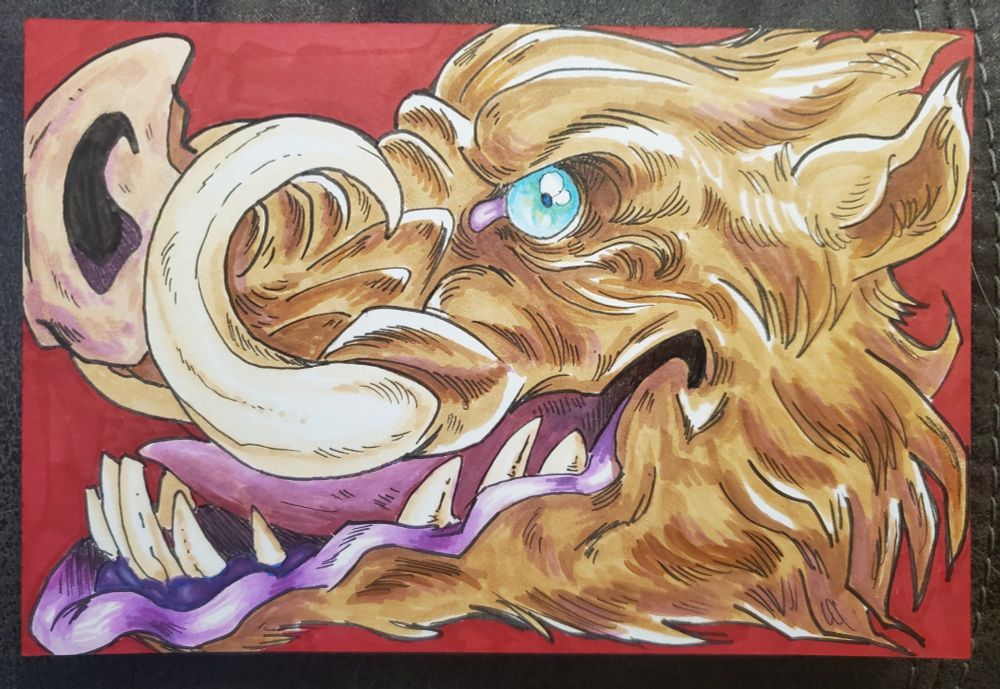 A marker illustration of a brown boar, with purple gums and a blue eye, facing left.