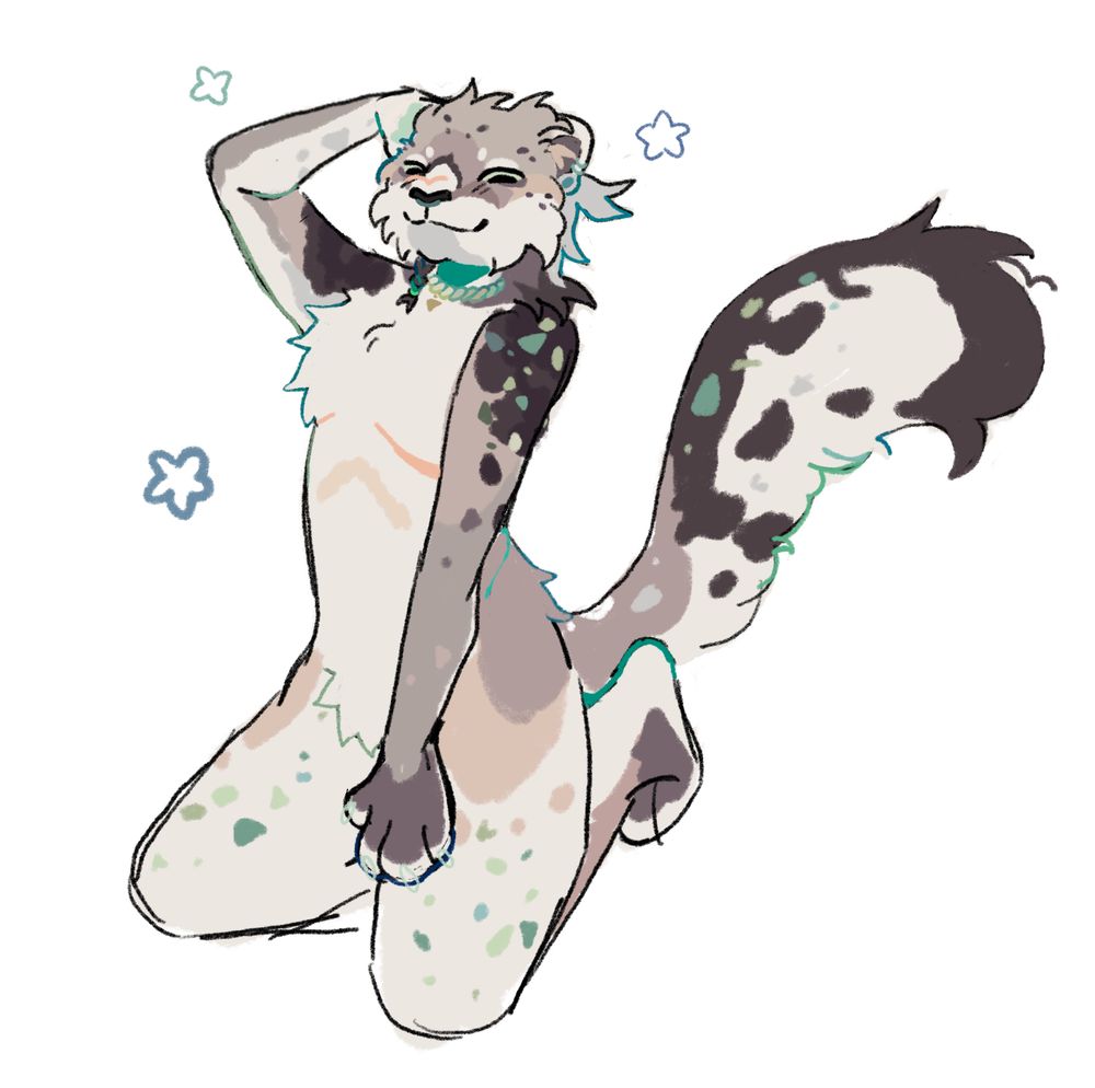 Snow leopard furry sitting on his knees and holding his hair back