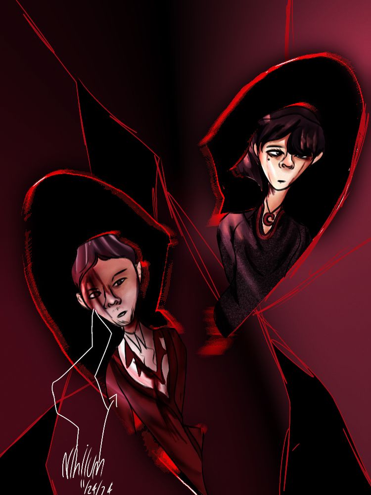A drawing of the characters Actor Mark and Celine, both in two sides of a heart that has been cut in half. Actor Mark is on the bottom left, with a wound on his forehead dripping blood down. He is wearing a red suit. Celine is in the top right. She is wearing a black dress, a necklace with a red crescent moon, and a cap with a hanging piece of cloth. She has blood dripping down her eyes. The heart is black on the inside with a red outline, and the background consists of red and black colors with red lines symbolizing cracks in a mirror. 