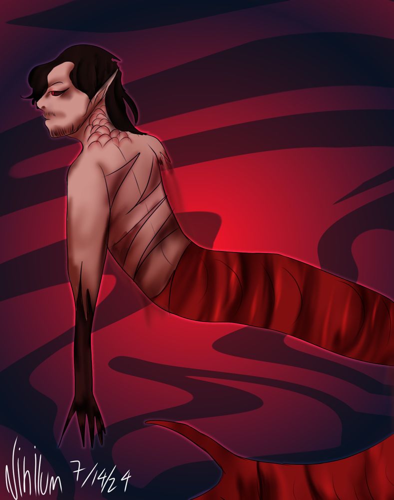 A drawing of Markiplier as a merman. He has a red tail and scars across his back. He has scales on his neck and blood covering his hands up to his elbow. His other arm is missing. He also has pointy ears and red eyes with black irises. He is viewed from the side angle. The background is a swirl of a bright red and a dark red color. 