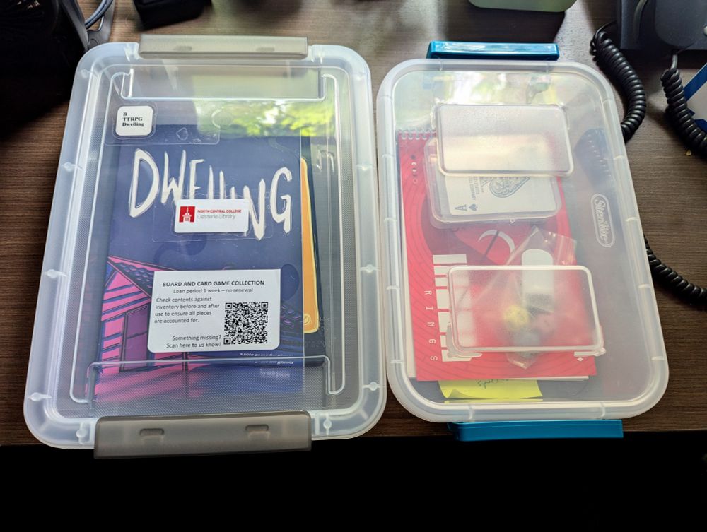 Two plastic bins sitting side by side. They are approximately 12 in x 8 in and 2 to 3 inches deep. Each bin holds a TTRPG with its pieces needed for play (dice, coins, etc.)
