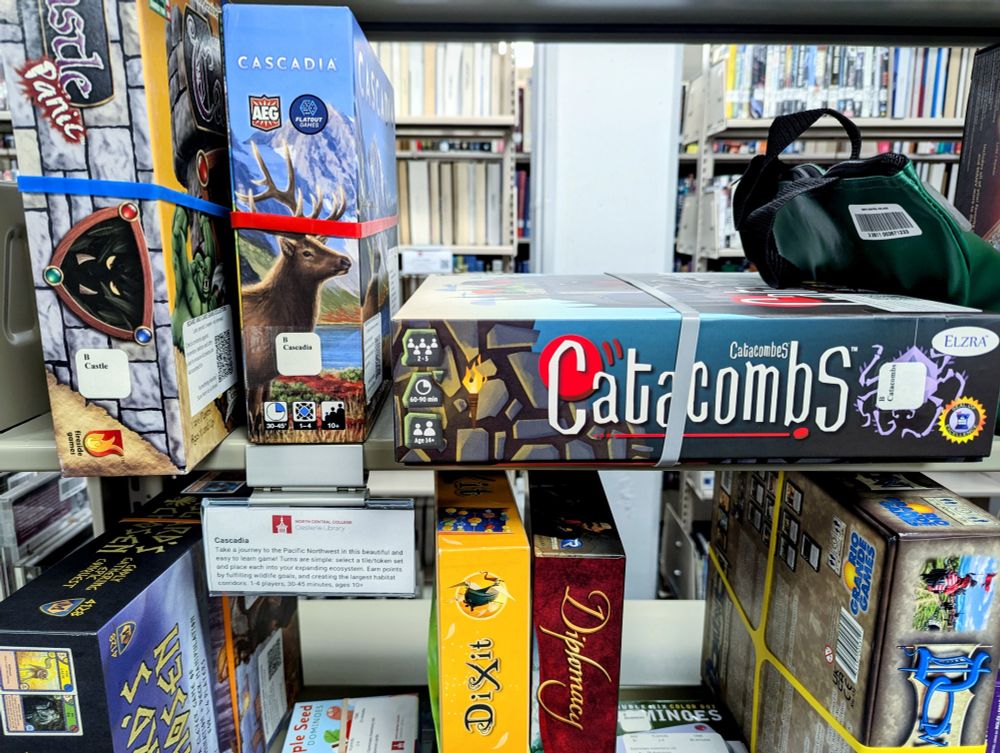 Board games on a shelf at an academic library