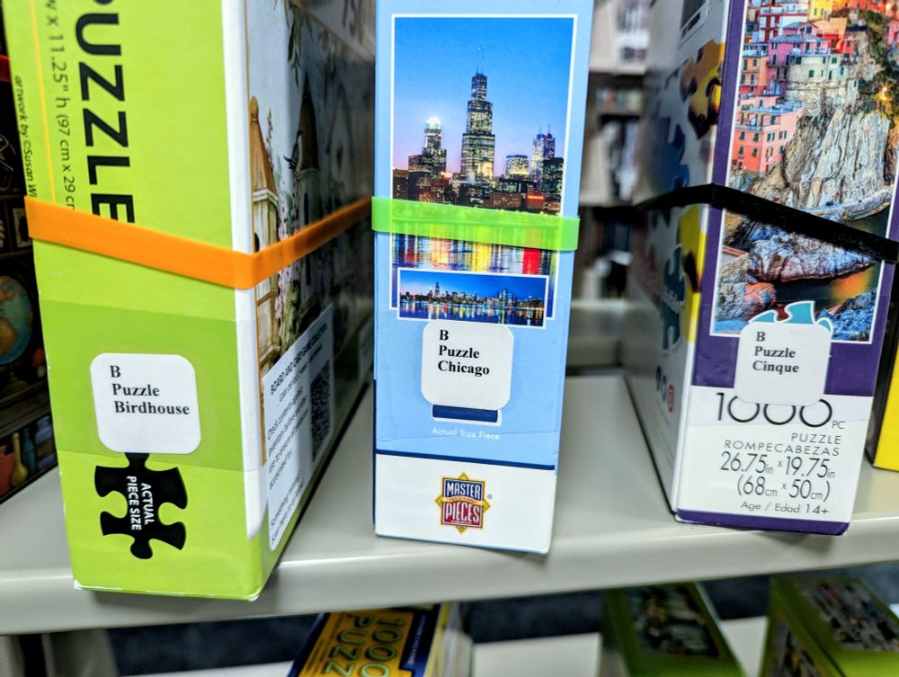 Puzzles on a shelf at an academic library