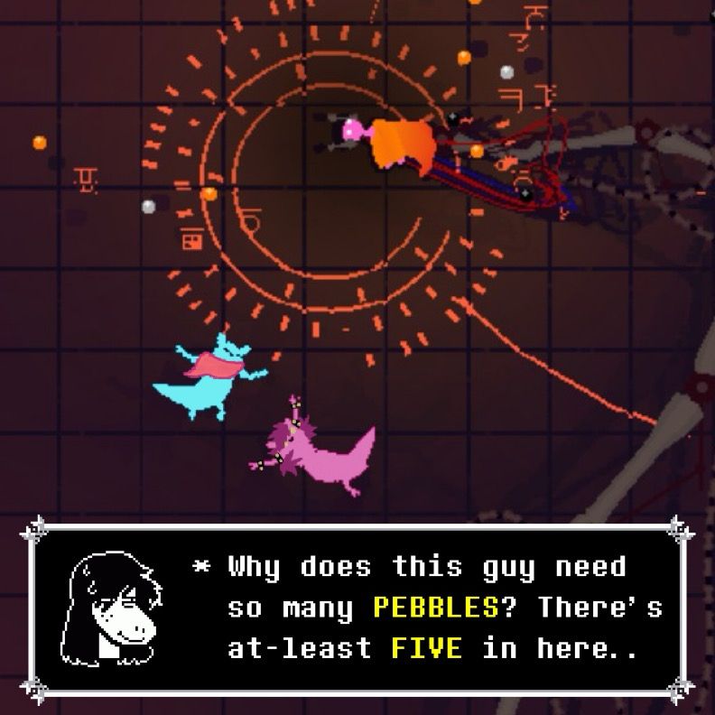 inside Five Pebbles chamber (a small robot doll with a big robotic arm moving it around, he projects circles of light around him)
A cyan slugcat with a red scarf and a pink slugcat with hair and spike braces float beside him. Theres a dialogue box from Deltarune with Susie saying * Why does this guy need so many PEBBLES? There’s at-least FIVE in here.