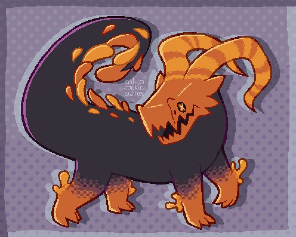 An orange lizard from the game Rain World. The lizard resembles a blocky crocodile with large antennae like horns. Along its back are round soft spikes.