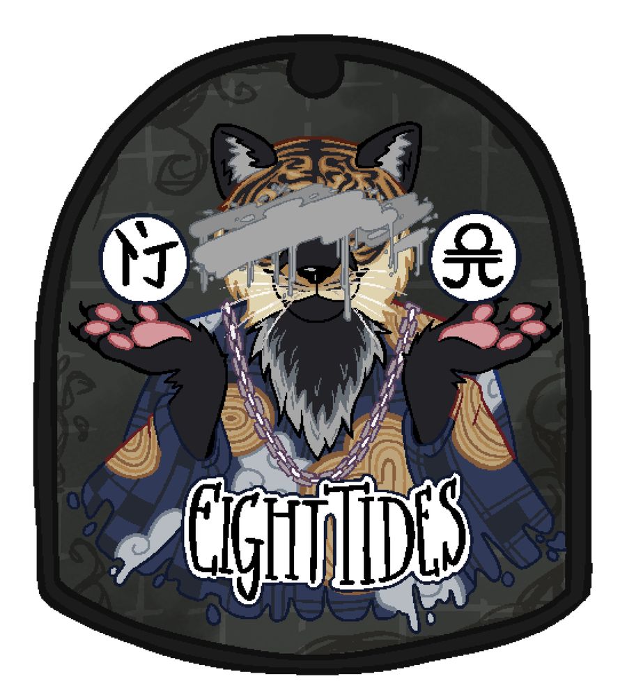 A mural of an anthropomorphic tiger with blue and tan robes, their eyes are covered over in paint. The tiger is in a "shrug" position, "holding up" two karma symbols. Their name, Eight Tides, is written below. The art style imitates the Karma Murals of Rain World.