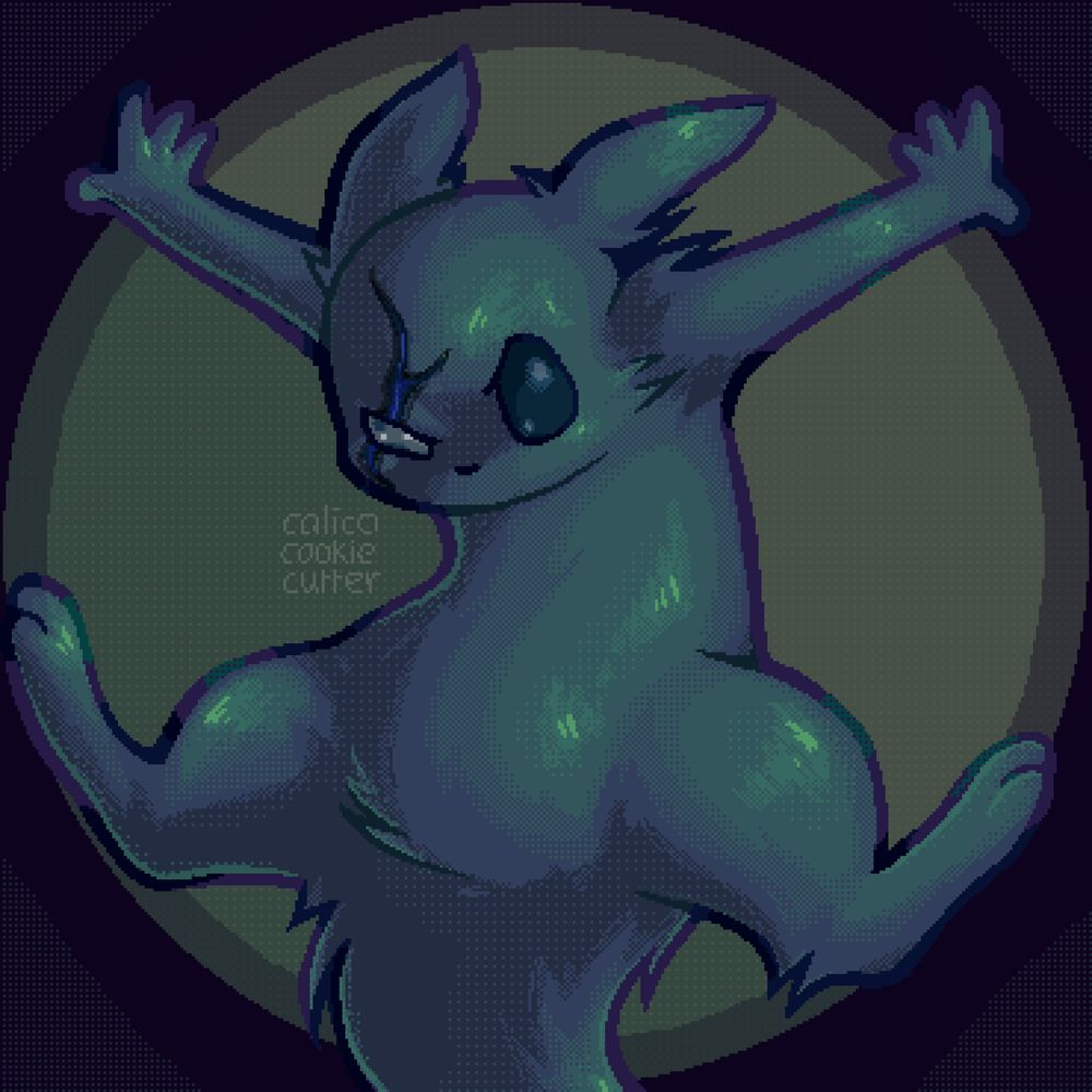 a dark teal slug cat (a cat with slug-inspired ears and tail from the game Rain World) with its arms and legs spread out as if they were stuck in a tube and are pushing out on the walls. their right eye has an electric-scar and is glossed over.