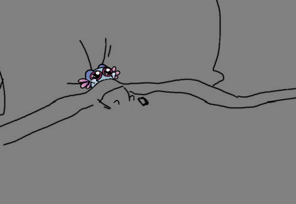 a very tiny rivulet rainworld (light blue slugcat with pink fins) in a very big bed, only his head is visible from the covers with big wet eyes