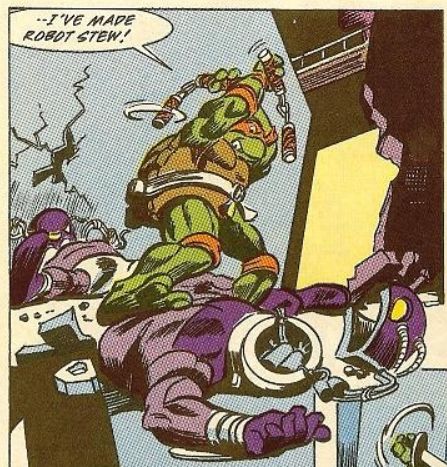 Michelangelo (Mikey) from Archie's Teenage Mutant Ninja Turtles Adventures (Archie TMNT) issue #22. He's holding two pairs of nunchaku (nunchucks) over his head, and there are two beat up and broken robot Foot Soldier ninja on the ground. He's shouting, "--I've made robot stew!!"