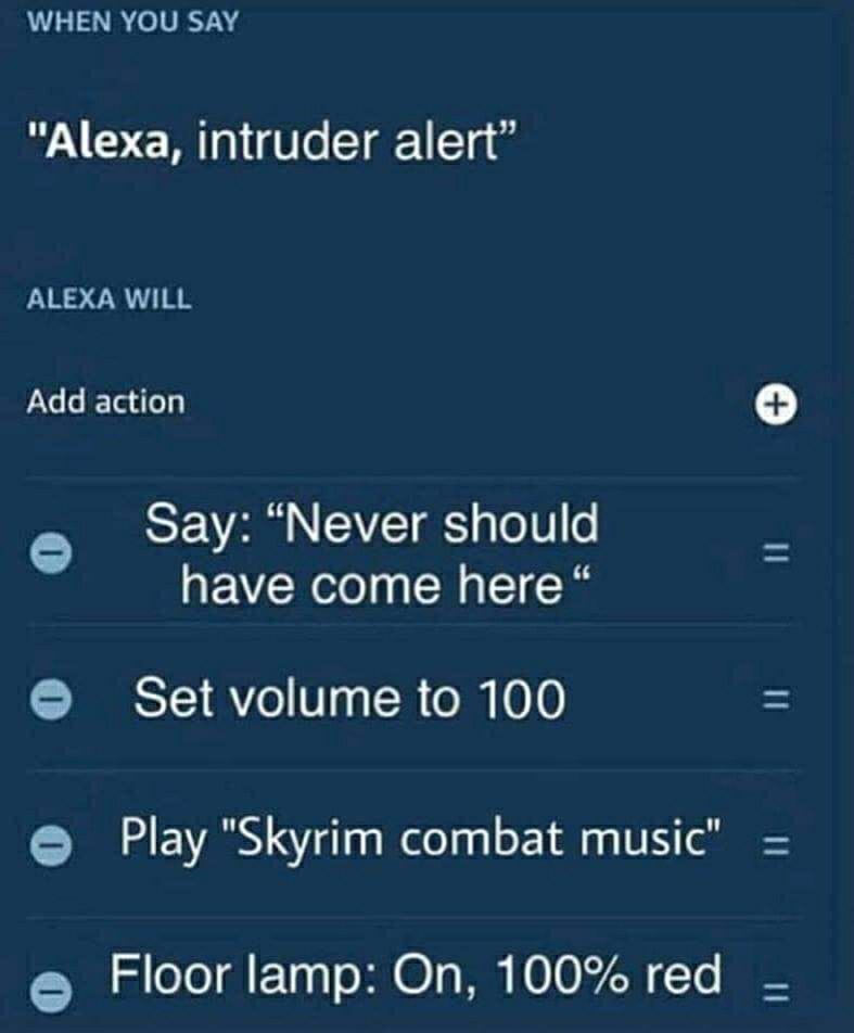 Screenshot of alexa controls. When you say "alexa intruder alert" Alexa will
Say "never should have come here"
Set volume to 100. Play skyrim combat music. Floor lamp, on 100% red