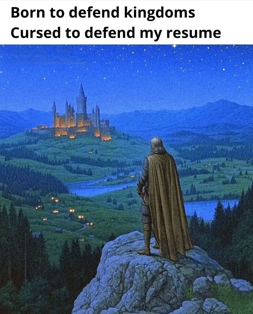 Bild: riddare med mantel på en stor sten i förgrunden. Ett enormt landskap framför, med ett stort upplyst palats i mitten längst bort.
Text: born to defend kingdoms. Cursed to defend my resume.