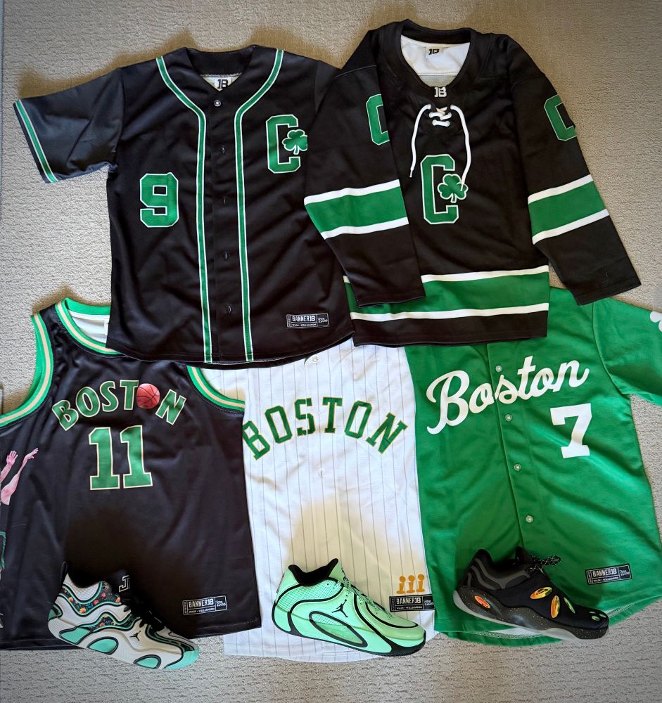 Five Boston Celtics jerseys