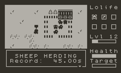 A screenshot from the game Lolife on Playdate showing the player reading a signpost next to a pen full of sheep. The sign reads "SHEEP HERDING. Record: 45.00s".