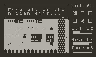 A screenshot from Lolife on Playdate showing the player in a village talking at the door of a house during the Easter calendar event. The text reads "Find all of the hidden eggs...".